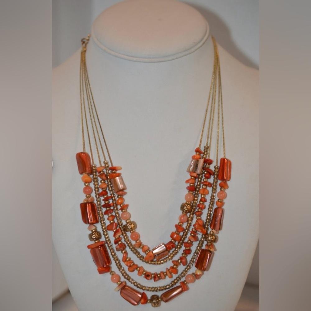 Elegant Gold and Orange Mother of Pearl Beaded 5 Strand Necklace